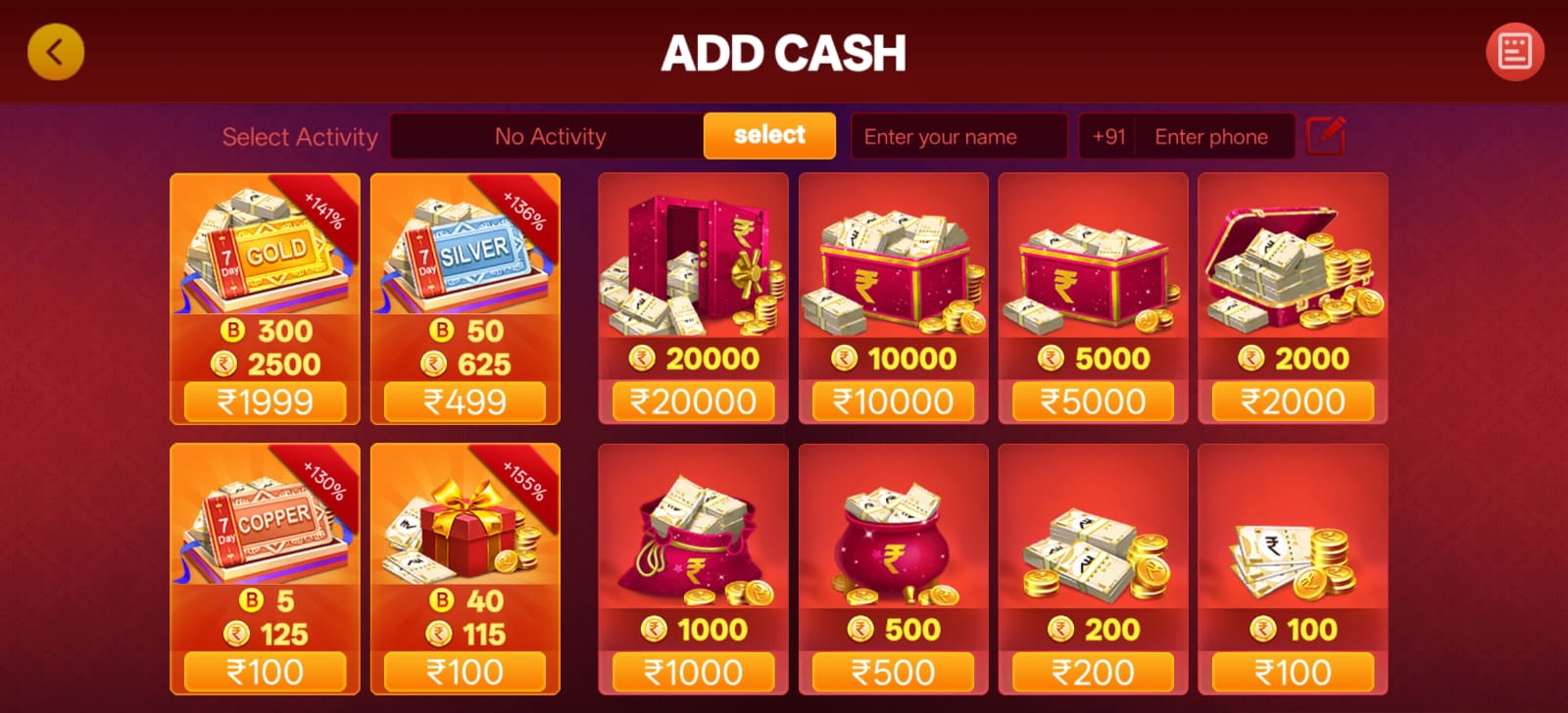 Teen Patti Master Add Cash page displaying recharge packages, bonus offers, and deposit options.