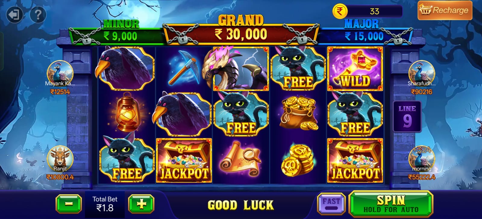 Teen Patti Master slot machine game featuring jackpot, free spins, wild symbols, and spin button.