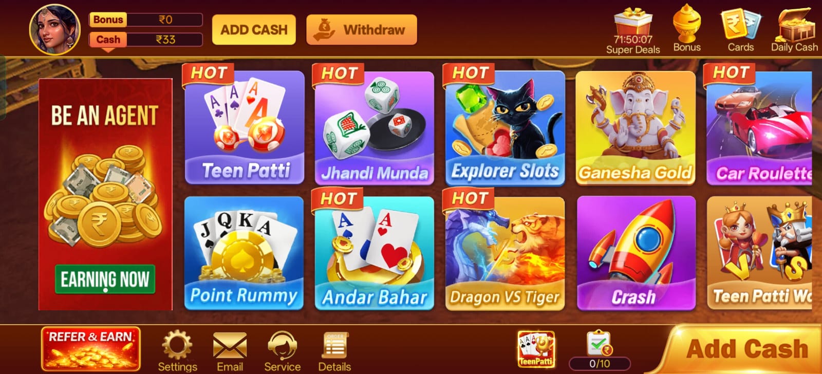 Teen Patti Master home lobby featuring Teen Patti, Andar Bahar, Jhandi Munda, Crash, Dragon vs Tiger, and slot games.