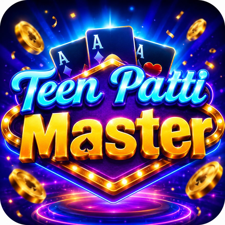Teen Patti Master game logo featuring glowing gold text, playing cards, floating coins, and a vibrant blue-purple casino-themed background.